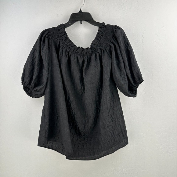 River Island Top Womens 12 Black Off Shoulder Ruffled Neck Short Sleeve NWT - Picture 1 of 10